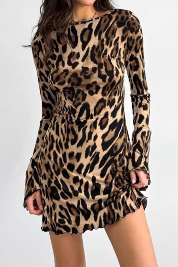new non-stretch patchwork knit leopard batch printing long sleeve mini dress