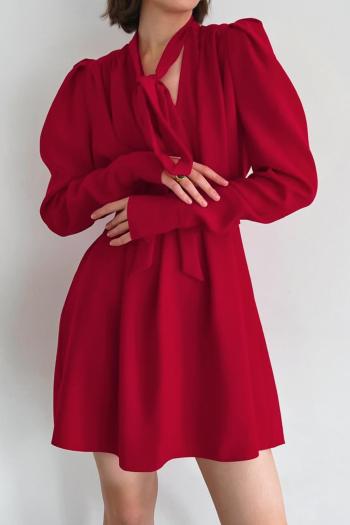 new non-stretch patchwork solid color chiffon lace-up puff sleeve mini dress