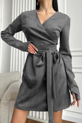 new stylish non-stretch patchwork suede solid color with belt v-neck mini dress