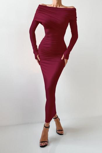 sexy non-stretch patchwork knit solid color one shoulder long sleeve midi dress
