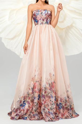 elegant slight stretch floral printing padded tube design maxi dress