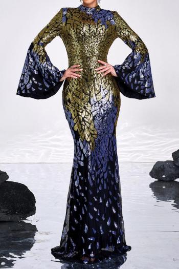 elegant slight stretch sequin decor padded bell-sleeve backless maxi dress