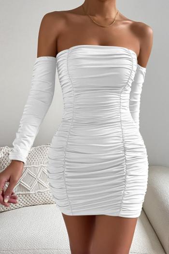 stylish slight stretch solid color patchwork folds one shoulder mini dress