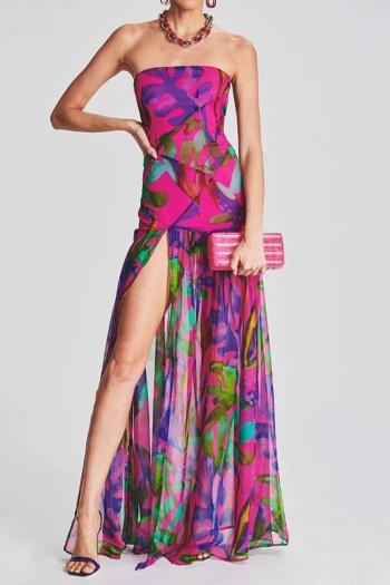 elegant non-stretch batch printing strapless high slit pleated maxi dress