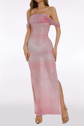 sexy slight stretch mesh see-through rhinestone slit gradient color maxi dress