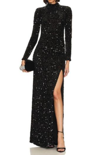 elegant non-stretch solid color sequins high slit hollow backless maxi dress