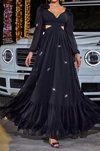 new elegant slight stretch black patchwork chiffon lace-up backless maxi dress