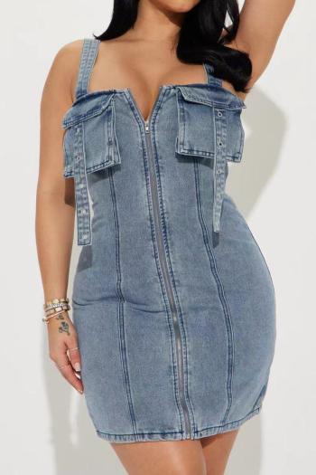 sexy plus size slight stretch denim zip-up pocket backless bodycon mini dress