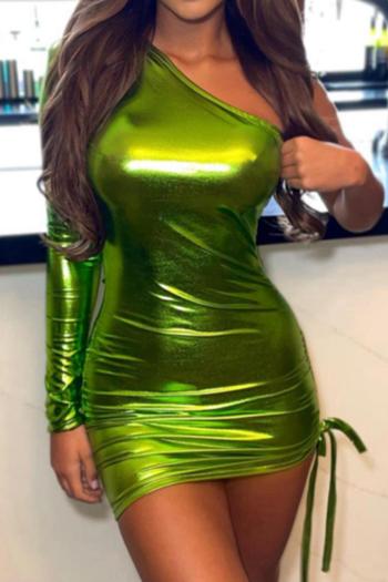 sexy high stretch gloss one shoulder drawstring bodycon mini dress