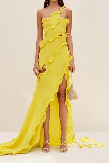 sexy slight stretch high quality solid one shoulder hollow high slit maxi dress