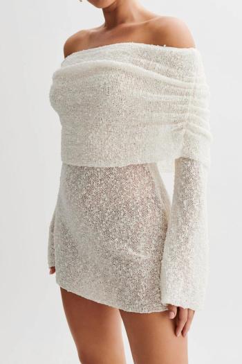 sexy stretch pure color off-shoulder hollow micro see-through knitted mini dress