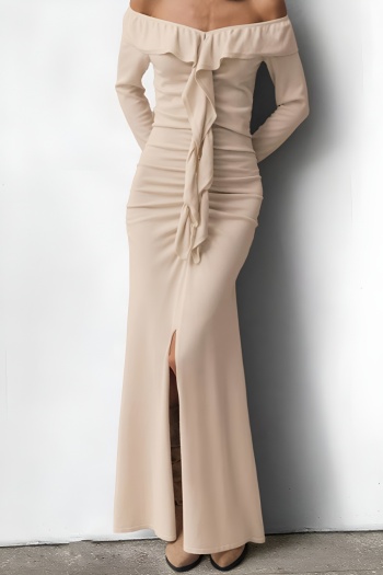 casual slight stretch khaki patchwork dralon ruffle one shoulder slit maxi dress
