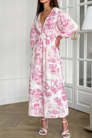 new casual non-stretch contrast color v-neck long sleeve midi floral dress