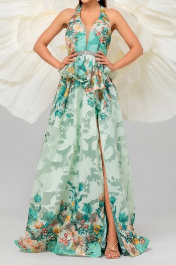 elegant slight stretch floral print padded halter-neck with lined maxi dress