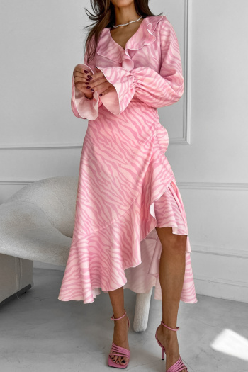 casual non-stretch polyester stripes batch printing ruffle irregular midi dress