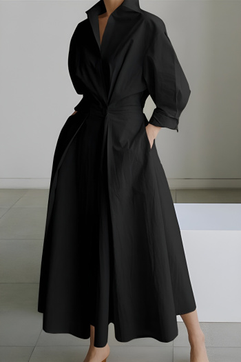 new casual plus-size non-stretch solid color patchwork pocket lapel midi dress