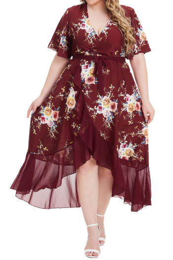 stylish plus-size slight stretch patchwork ruffle midi floral dress(with belt)