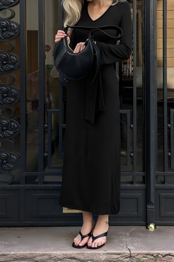 casual slight stretch simple solid color long sleeve v-neck midi dress