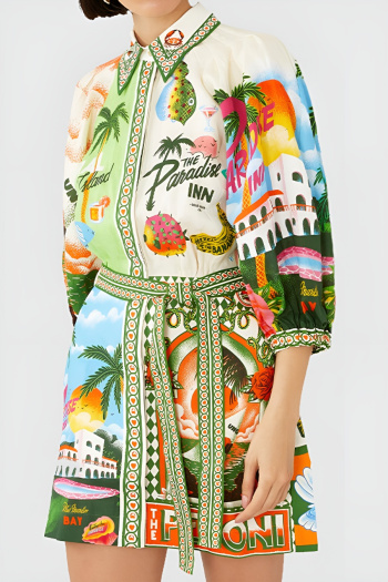 plus size pattern printing non-stretch single breasted casual belted mini dress