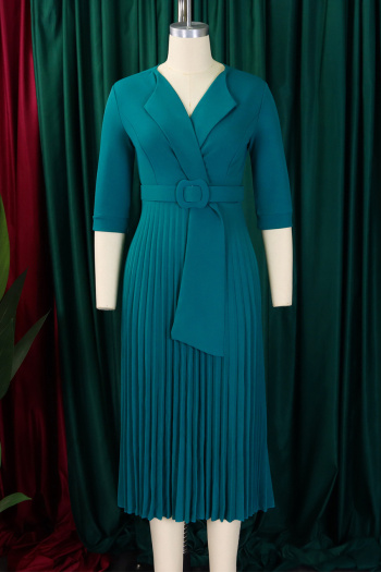 casual plus size slight stretch solid color pleated midi dress(with belt)
