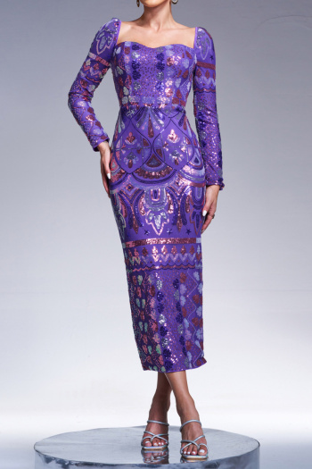 elegant plus size slight stretch sequin decor padded square-neck midi dress