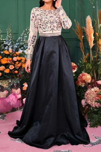 elegant slight stretch sequin decor padded long sleeve maxi dress