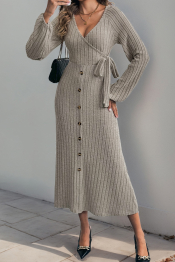 new casual slight stretch solid color knit v-neck long sleeve midi dress