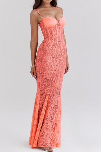 New slight stretch patchwork lace solid color suspender maxi dress with liner