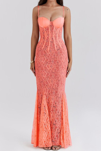 New slight stretch patchwork lace solid color suspender maxi dress with liner