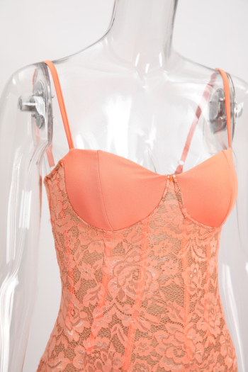 New slight stretch patchwork lace solid color suspender maxi dress with liner
