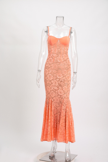 New slight stretch patchwork lace solid color suspender maxi dress with liner