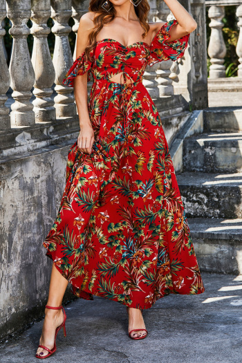 new non-stretch polyester patchwork contrast color midi floral dress