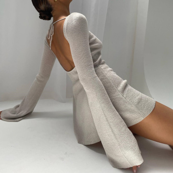 new slight stretch knit 4-color lace-up backless long sleeve mini dress