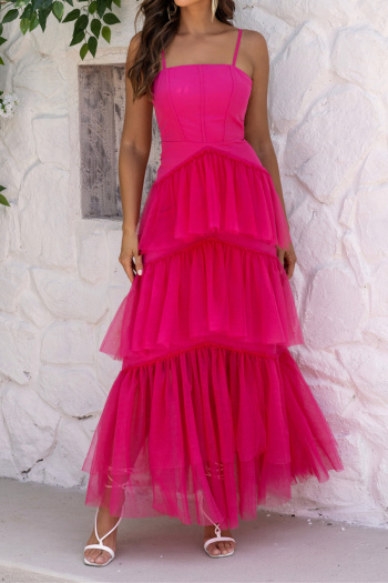 Elegant non-stretch mesh stitching sling pleated maxi dress