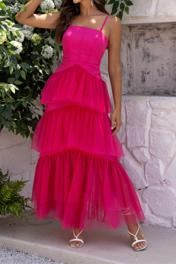 Elegant non-stretch mesh stitching sling pleated maxi dress