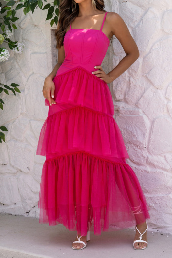 Elegant non-stretch mesh stitching sling pleated maxi dress