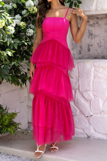 Elegant non-stretch mesh stitching sling pleated maxi dress