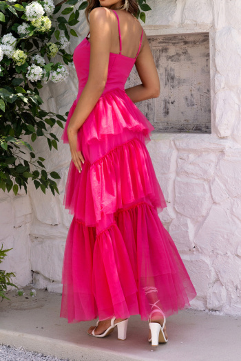 Elegant non-stretch mesh stitching sling pleated maxi dress