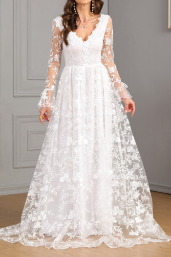 elegant plus size non-stretch mesh flowers embroidery backless maxi dress