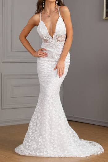 elegant non-stretch sling deep v embroidery backless maxi dress