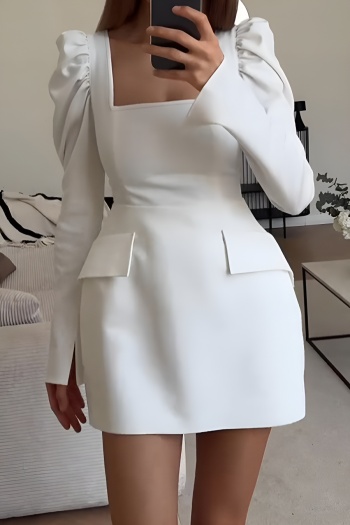 casual non-stretch simple solid color square neck mini dress