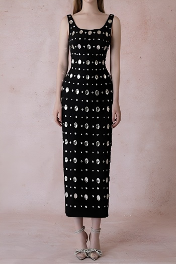 elegant high stretch pure color rhinestone decor midi dress