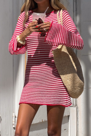 new bohemia slight stretch knit contrast color stripe bell sleeve mini dress