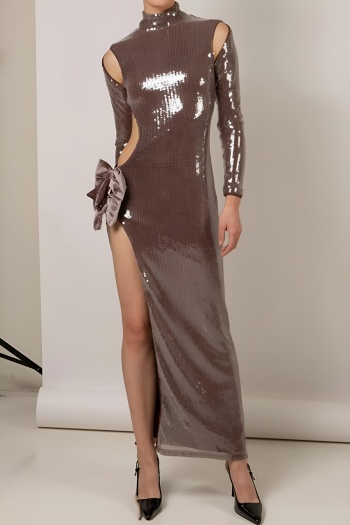 sexy elegant slight stretch sequin hollow out bow maxi dress