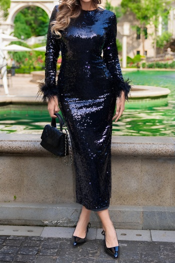 elegant slight stretch sequin feather decor long sleeve midi dress