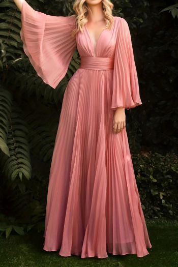 elegant non-stretch solid color pleated deep v-neck backless maxi dress