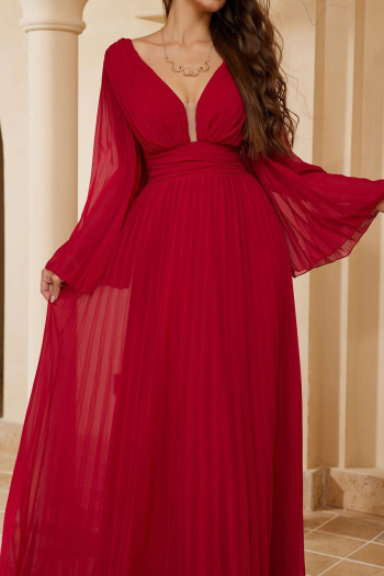 Elegant non-stretch solid color pleated deep v-neck backless maxi dress