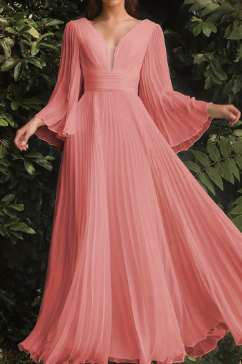 Elegant non-stretch solid color pleated deep v-neck backless maxi dress