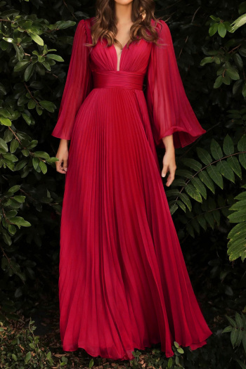Elegant non-stretch solid color pleated deep v-neck backless maxi dress