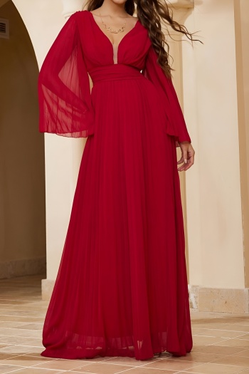 Elegant non-stretch solid color pleated deep v-neck backless maxi dress